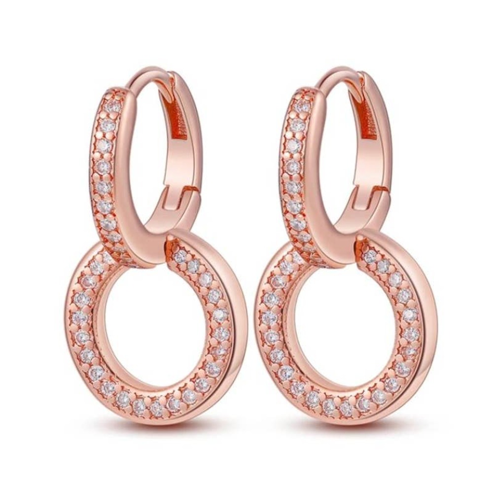 Rose Gold Tone Pave Zirconia Shinning Double Earrings Sterling Silver NWOT
